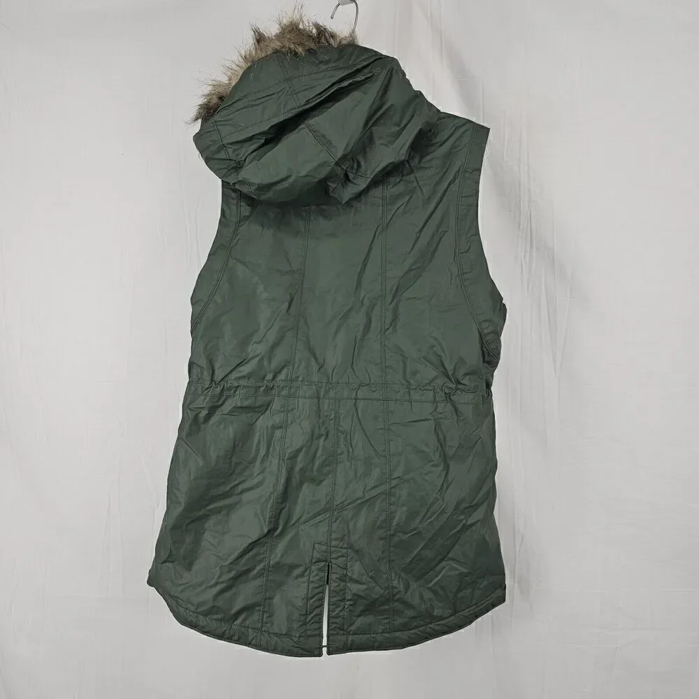 Athleta Green Alpine Air Vest Faux Fur Removable Hood Zip Pockets Size Large - Picture 6 of 9